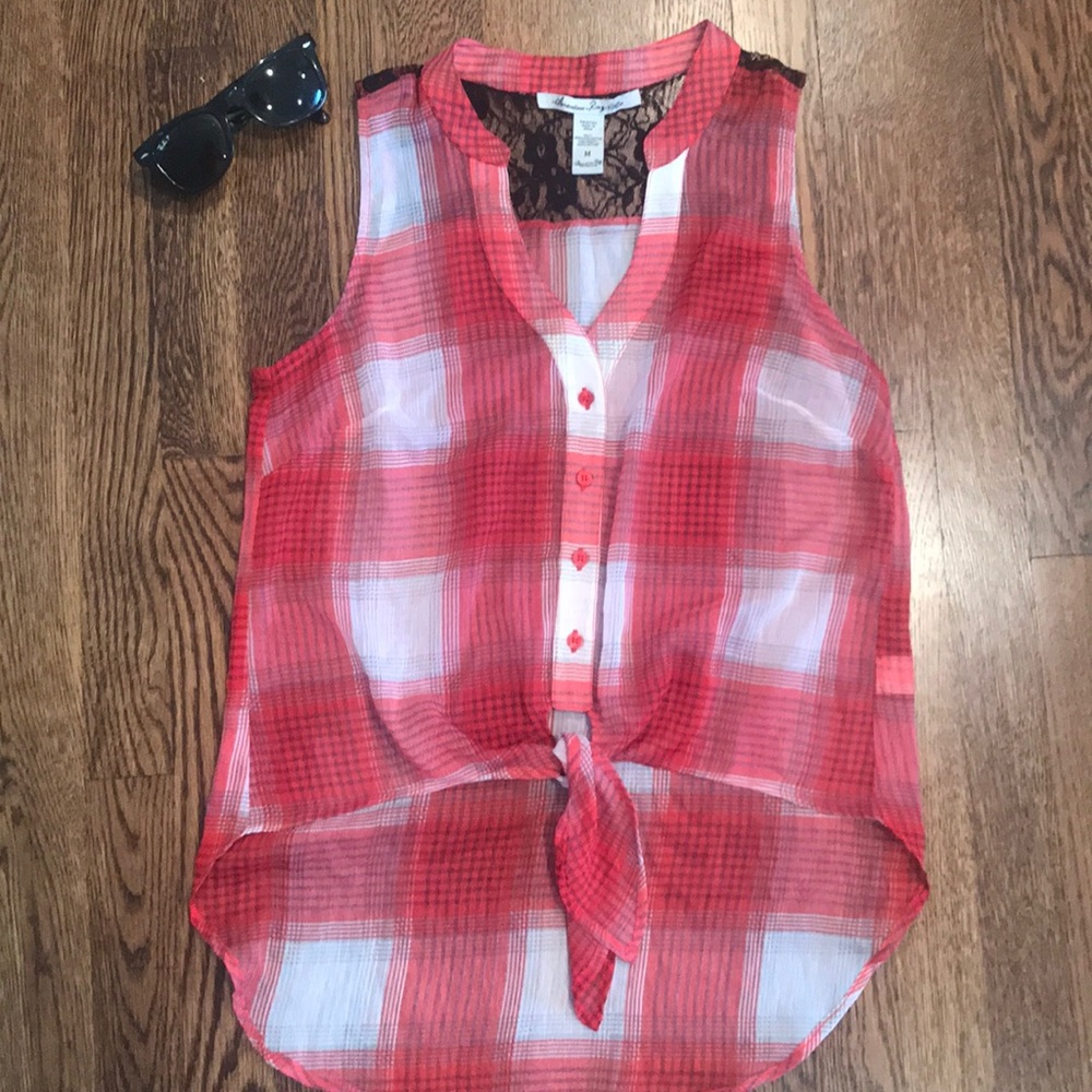 Sheet Plaid Button Down Tank with Lace Detail